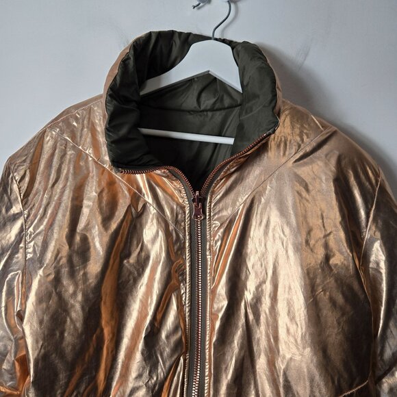 FREE PEOPLE Size XS Reversible Nylon Puffer Oversized Metallic Gold Green Coat - Picture 16 of 16